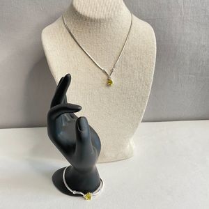 Demi Parure Necklace Bracelet Yellow Teardrop & Rhinestones On Silver Tone Chain